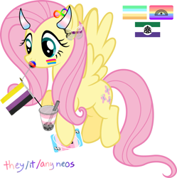 Size: 1599x1605 | Tagged: safe, imported from derpibooru, fluttershy, butterfly, pegasus, autism, bubble tea, candy, demigirl, demisexual, devil horns, drink, face paint, flag, food, headcanon, horns, infinity, infinity symbol, lgbt, lgbt headcanon, lgbtq, lgbtqia, lgbtqqip2saa, lollipop, neopronouns, neurodivergent, neurodivergent headcanon, nonbinary, otherkin, panromantic, pansexual, playing card, polyamorous, pride, pride flag, pronouns, simple background, solo, therian, trans feminine, transfem, transgender, uno, uno reverse card, white background, xenogender