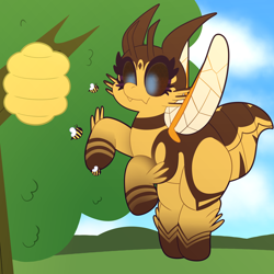 Size: 2000x2000 | Tagged: safe, artist:saveraedae, imported from derpibooru, oc, oc:bee berry, bee, bee pony, insect, original species, pony, cloud, commission, cute, flying, hive, pony hybrid, solo, tree