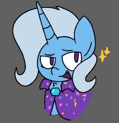 Size: 1172x1208 | Tagged: safe, artist:iron234, imported from derpibooru, trixie, pony, unicorn, cape, clothes, eyes open, female, gem, gray background, horn, mare, simple background, solo