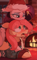 Size: 3054x5000 | Tagged: safe, artist:nookprint, imported from derpibooru, fluttershy, rarity, pegasus, pony, unicorn, butterscotch, christmas, clothes, female, fire, fireplace, flarity, half r63 shipping, hat, holiday, imminent kissing, male, mare, mistletoe, rariscotch, rule 63, santa hat, shipping, stallion, straight, sweater