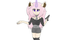 Size: 3840x2160 | Tagged: safe, artist:straighttothepointstudio, imported from derpibooru, oc, oc only, anthro, unicorn, anthro oc, clothes, digital art, female, g5, glowing, glowing horn, gun, handgun, horn, long hair, looking at you, magic, pistol, shorts, simple background, smiling, socks, solo, transparent background, weapon