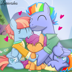 Size: 1300x1300 | Tagged: safe, artist:mlplary6, imported from derpibooru, bow hothoof, scootaloo, windy whistles, pegasus, pony, ^^, eyes closed, family, female, filly, floating heart, foal, heart, hug, male, mare, scootalove, sitting, smiling, stallion, trio