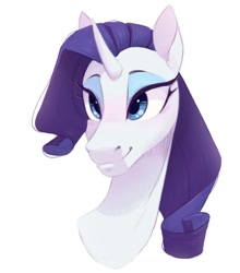 Size: 950x1079 | Tagged: safe, artist:melodylibris, imported from derpibooru, rarity, pony, unicorn, bust, lidded eyes, simple background, smiling, solo, white background