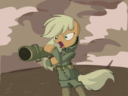 Size: 1024x768 | Tagged: safe, artist:andromedasparkz, imported from derpibooru, applejack, earth pony, clothes, costume, female, mare, military uniform, missing accessory, solo, uniform, weapon