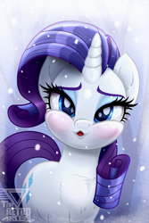 Size: 1992x2987 | Tagged: safe, artist:theretroart88, imported from derpibooru, rarity, pony, unicorn, beautiful, blushing, chest fluff, christmas, cute, female, holiday, looking at you, mare, open mouth, raribetes, snow, solo