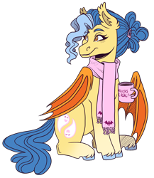 Size: 2000x2300 | Tagged: safe, artist:kikirdcz, imported from derpibooru, oc, oc only, bat pony, pony, bat pony oc, clothes, mug, scarf, simple background, solo, transparent background, wing hands, wings