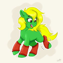 Size: 2000x2000 | Tagged: safe, artist:rutkotka, imported from derpibooru, oc, oc only, oc:ashe, earth pony, pony, clothes, commission, cute, earth pony oc, female, leg warmers, mare, open mouth, open smile, smiling, socks, solo