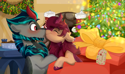 Size: 3300x1959 | Tagged: safe, artist:rutkotka, imported from derpibooru, oc, oc only, kirin, pony, boop, box, christmas, christmas stocking, christmas tree, christmas wreath, commission, couple, cute, duo, fireplace, food, holiday, indoors, kirin oc, kissing, lights, oc x oc, ornaments, pony in a box, present, shipping, tree, wreath