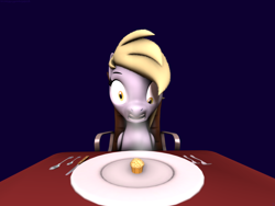 Size: 2880x2160 | Tagged: safe, imported from derpibooru, derpy hooves, pegasus, pony, 3d, fear, female, food, mare, muffin, solo, source filmmaker