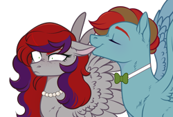 Size: 3356x2278 | Tagged: safe, imported from derpibooru, oc, oc only, oc:evening prose, oc:globetrotter, pegasus, pony, biting, bowtie, ear bite, female, freckles, jewelry, male, mare, necklace, pearl necklace, shipping, simple background, stallion, transparent background