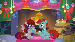 Size: 5382x3000 | Tagged: safe, imported from derpibooru, oc, oc only, oc:evening prose, oc:globetrotter, pegasus, pony, apple, barrel, bowtie, chocolate, christmas, female, fire, fireplace, food, freckles, hearth's warming, hearth's warming eve, holiday, hot chocolate, jewelry, male, mare, mug, necklace, pearl necklace, shipping, stallion