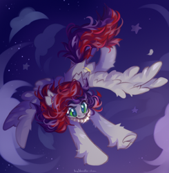 Size: 3920x4000 | Tagged: safe, artist:vanilla-chan, imported from derpibooru, oc, oc only, oc:evening prose, pegasus, pony, female, flying, freckles, jewelry, mare, necklace, night, pearl necklace, solo
