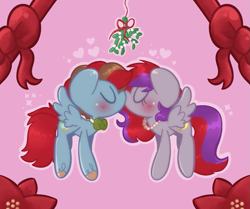 Size: 1043x872 | Tagged: safe, artist:typhwosion, imported from derpibooru, oc, oc only, oc:evening prose, oc:globetrotter, pegasus, pony, blushing, bowtie, commission, duo, female, freckles, jewelry, kissing, male, mare, mistletoe, necklace, oc x oc, pearl necklace, shipping, stallion, straight, ych result