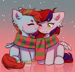 Size: 2001x1920 | Tagged: safe, imported from derpibooru, oc, oc only, oc:evening prose, oc:globetrotter, pegasus, pony, clothes, female, freckles, gradient background, jewelry, licking, male, mare, necklace, pearl necklace, pegasus oc, scarf, shared clothing, shared scarf, shipping, stallion, striped scarf, tongue out, unshorn fetlocks