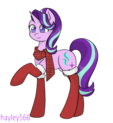 Size: 2310x2510 | Tagged: safe, artist:hayley566, imported from derpibooru, starlight glimmer, pony, unicorn, christmas, christmas stocking, clothes, cute, female, glimmerbetes, holiday, mare, raised hoof, scarf, simple background, smiling, socks, solo, stockings, thigh highs, transparent background