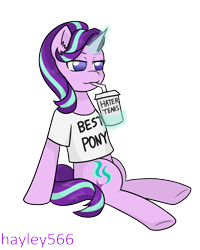 Size: 1989x2485 | Tagged: safe, artist:hayley566, imported from derpibooru, starlight glimmer, pony, unicorn, best pony, clothes, cup, cute, drinking, drinking straw, female, glimmerbetes, glowing, glowing horn, haters gonna hate, horn, levitation, magic, mare, meme, shirt, simple background, sitting, smug, smuglight glimmer, solo, t-shirt, telekinesis, transparent background, your tears are delicious