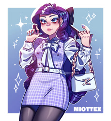 Size: 856x933 | Tagged: safe, artist:miottex, imported from derpibooru, rarity, human, alternate hairstyle, bag, belt, bow, bowtie, clothes, cute, ear piercing, earring, eyeshadow, female, grin, hair bow, handbag, humanized, jewelry, lipstick, makeup, nail polish, pantyhose, piercing, raribetes, shirt, skirt, smiling, solo, stockings, thigh highs