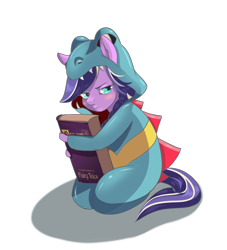 Size: 1830x2013 | Tagged: safe, artist:mdwines, imported from derpibooru, oc, anthro, earth pony, totodile, blushing, book, clothes, costume, earth pony oc, fairy tale, kigurumi, lidded eyes, looking at you, pokémon, protecting, simple background, solo, transparent background