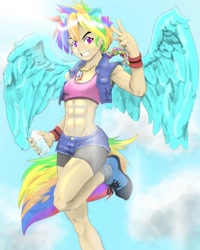 Size: 1440x1800 | Tagged: safe, artist:shawncollinsart, imported from derpibooru, rainbow dash, human, abs, alternate hairstyle, belly button, clothes, cloud, compression shorts, denim, denim shorts, eared humanization, grin, humanized, jewelry, necklace, shoes, shorts, sky, smiling, sneakers, socks, solo, sports bra, tail, tailed humanization, vest, water, water bottle, winged humanization, wings, wristband