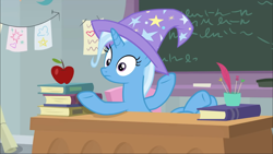 Size: 1766x993 | Tagged: safe, imported from derpibooru, screencap, trixie, pony, unicorn, a horse shoe-in, apple, chalkboard, clothes, eyelashes, female, food, hat, mare, solo, trixie's hat