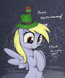 Size: 2500x3000 | Tagged: safe, artist:t72b, imported from derpibooru, derpy hooves, pegasus, pony, bashful, blushing, clover, clover mistaken for mistletoe, derpy being derpy, female, four leaf clover, hat, hearth's warming eve, looking at you, mare, raised hoof, smiling, snow, snowfall, solo, spread wings, talking to viewer, wings