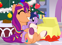 Size: 2000x1450 | Tagged: safe, artist:nitei, imported from derpibooru, sunny starscout, twilight sparkle, earth pony, pony, spoiler:g5, spoiler:winter wishday, christmas, christmas tree, crystal brighthouse, excited, eyes closed, g5, grin, happy, holiday, hug, mane stripe sunny, my little pony: make your mark, my little pony: make your mark chapter 3, plushie, present, sitting, smiling, solo, sunny and her heroine, tree, winter wishday