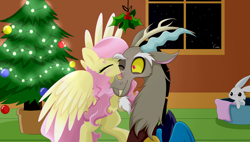 Size: 6324x3584 | Tagged: safe, artist:enviaart, imported from derpibooru, angel bunny, discord, fluttershy, pony, christmas, christmas tree, discoshy, female, holiday, holly, holly mistaken for mistletoe, kissing, male, shipping, straight, tree