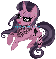 Size: 1411x1474 | Tagged: safe, artist:conflei, imported from derpibooru, oc, oc only, pony, unicorn, bedroom eyes, ear piercing, eyelashes, female, horn, makeup, mare, piercing, simple background, smiling, solo, tattoo, transparent background, unicorn oc