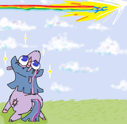 Size: 945x921 | Tagged: safe, artist:ombnom, imported from derpibooru, rainbow dash, twilight sparkle, pony, unicorn, butt, cute, female, filly, foal, looking up, ms paint, plot, sky, sonic rainboom