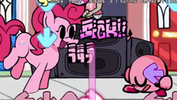 Size: 475x269 | Tagged: safe, imported from derpibooru, pinkie pie, earth pony, human, pony, arrow, crossover, door, female, friday night funkin', funkin' is magic, kirby, kirby (series), male, mare, numbers, puffball, sitting, smiling, speaker, standing on two hooves, text, youtube link