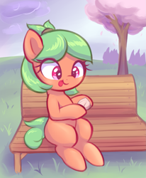 Size: 1257x1524 | Tagged: safe, artist:sileniris, imported from twibooru, oc:cherry burst, earth pony, pony, bench, eye clipping through hair, female, filly, food, image, png, tongue out, tree