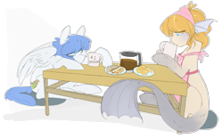 Size: 1463x911 | Tagged: source needed, safe, artist:noel, imported from twibooru, oc, oc only, oc:marina, merpony, pegasus, pony, coffee, cookie, croissaint, female, food, image, looking at each other, mare, mug, png, simple background, table, transparent background