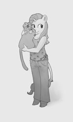 Size: 573x960 | Tagged: safe, artist:spectralunicorn, imported from derpibooru, opalescence, rarity, anthro, cat, classical unicorn, unguligrade anthro, unicorn, cloven hooves, duo, female, gray background, grayscale, holding a cat, leonine tail, mare, monochrome, simple background, tail, unshorn fetlocks