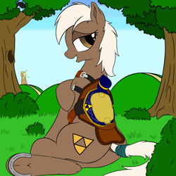 Size: 2500x2500 | Tagged: safe, alternate version, artist:graboiidz, imported from twibooru, earth pony, pony, bedroom eyes, brown coat, brown eyes, cutie mark, epona, female, hoof on shoulder, horseshoes, image, looking to the right, mare, open smile, png, ponified, rear view, saddle, seductive, seductive pose, sideways glance, sitting, smiling, solo, solo female, tack, tail wrap, the legend of zelda, tree, triforce, underhoof