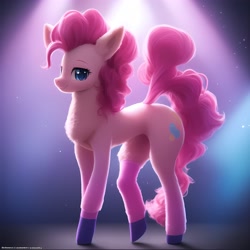 Size: 3072x3072 | Tagged: safe, generator:anything pony: sd is magic, imported from derpibooru, pinkie pie, earth pony, pony, ai content, ai generated, anatomically incorrect, blue eyes, chest fluff, generator:stable diffusion, incorrect leg anatomy, pink socks, ponytail, simple background, smiling, solo