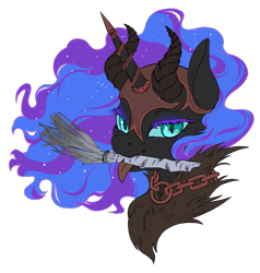 Size: 2017x2122 | Tagged: safe, artist:taytinabelle, derpibooru exclusive, imported from derpibooru, nightmare moon, alicorn, pony, armor, armored pony, bedroom eyes, birch tree, bust, chains, choker, colored eyelashes, fangs, female, fur coat, helmet, horned helmet, jewelry, krampus, looking at you, mare, mouth hold, necklace, simple background, smiling, solo, tongue out, transparent background, tree, tree branch