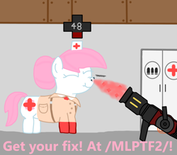 Size: 1246x1096 | Tagged: safe, imported from derpibooru, nurse redheart, earth pony, pony, /mlp/ tf2 general, cabinet, clothes, hat, healing, hoof gloves, inhaling, kritzkrieg, life bar, medic, nurse hat, sniffing, team fortress 2, wat