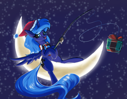 Size: 1400x1100 | Tagged: safe, artist:rocket-lawnchair, imported from derpibooru, princess luna, alicorn, pony, christmas, clothes, crescent moon, female, fishing, fishing rod, gift wrapped, hat, holiday, horn, looking at you, mare, mare in the moon, moon, present, s1 luna, santa hat, scarf, sitting, smiling, smiling at you, solo, spread wings, stars, striped scarf, tangible heavenly object, wings