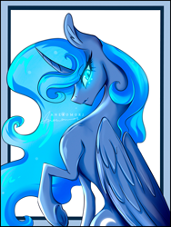 Size: 960x1280 | Tagged: safe, artist:anekomori, imported from derpibooru, princess luna, alicorn, pony, ear fluff, folded wings, glowing, glowing eyes, horn, looking at you, sideview, solo, wings