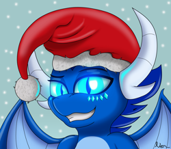 Size: 2580x2254 | Tagged: safe, artist:neondragon, imported from derpibooru, oc, oc:cobalt the dragon, dragon, christmas, glowing, glowing eyes, hat, hearth's warming, holiday, looking at you, santa hat, smiling, smiling at you, snow, snowfall, solo, spread wings, wings