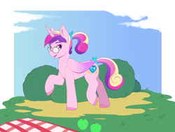 Size: 4000x3000 | Tagged: safe, artist:miramore, imported from derpibooru, princess cadance, alicorn, pony, apple, bush, cute, female, folded wings, food, glasses, grass, green apple, hooves, picnic, ponytail, raised hoof, raised leg, simple background, slim, solo, sternocleidomastoid, teen princess cadance, trotting, wings, young cadance