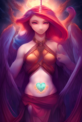 Size: 1408x2112 | Tagged: safe, editor:craft, imported from derpibooru, princess cadance, anthro, ai content, ai generated, alternative cutie mark placement, belly button, breasts, generator:purplesmart.ai, generator:stable diffusion, midriff, small breasts, tattoo, winged humanization, wings