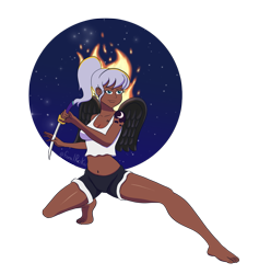 Size: 1891x1997 | Tagged: safe, artist:feralroku, imported from derpibooru, princess luna, oc, oc only, oc:s-moon, human, action pose, bare shoulders, barefoot, clone, clothes, cutie mark tattoo, dark skin, feet, fire, humanized, one piece, seraphim (one piece), shorts, simple background, sleeveless, solo, starry eyes, sword, tattoo, transparent background, weapon, wingding eyes, winged humanization, wings