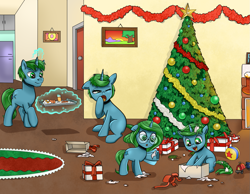 Size: 1291x1000 | Tagged: safe, artist:candyclumsy, imported from derpibooru, oc, oc only, pony, unicorn, christmas, christmas tree, colt, family, female, filly, fireplace, foal, glasses, glowing, glowing horn, holiday, horn, male, mare, open mouth, open smile, present, smiling, stallion, tree, yawn