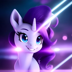 Size: 3072x3072 | Tagged: safe, generator:lucidpony:sd is magic 2, imported from derpibooru, rarity, pony, unicorn, ai content, ai generated, blue eyes, bust, generator:stable diffusion, portrait, simple background, smiling, solo