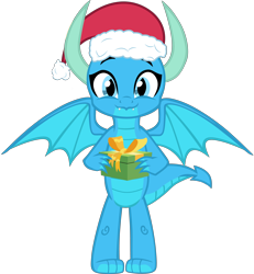Size: 5542x6001 | Tagged: safe, artist:ponygamer2020, imported from derpibooru, oc, oc:frosty, oc:frosty the dragon, dragon, christmas, dragon oc, hat, hearth's warming, holiday, ice dragon, looking at you, non-pony oc, present, santa hat, simple background, smiling, smiling at you, solo, spread wings, transparent background, vector, wings