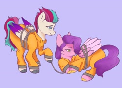 Size: 2048x1476 | Tagged: safe, artist:twilightsparkee, imported from derpibooru, pipp petals, zipp storm, pegasus, pony, bondage, clothes, duo, female, g5, jumpsuit, never doubt rainbowdash69's involvement, prison outfit, purple background, royal sisters (g5), siblings, simple background, sisters