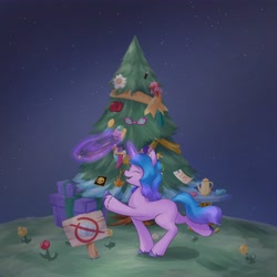 Size: 4096x4096 | Tagged: safe, artist:felldeal, imported from derpibooru, izzy moonbow, pony, unicorn, series:daily drawing december, christmas, decoration, g5, glowing, glowing horn, happy, holiday, horn, magic, magic aura, solo, telekinesis, tree