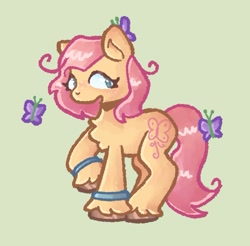 Size: 823x811 | Tagged: safe, artist:toaestt, imported from derpibooru, sky skimmer, butterfly, earth pony, pony, bracelet, chest fluff, female, freckles, g2, gray eyes, jewelry, not fluttershy, raised hoof, redesign, shiny hoof, short hair, solo