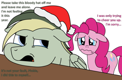 Size: 2484x1639 | Tagged: safe, artist:didgereethebrony, imported from derpibooru, pinkie pie, oc, oc:didgeree, earth pony, pegasus, pony, christmas, depressed, depression, hat, holiday, sad, santa hat, simple background, squishy cheeks, teary eyes, transparent background